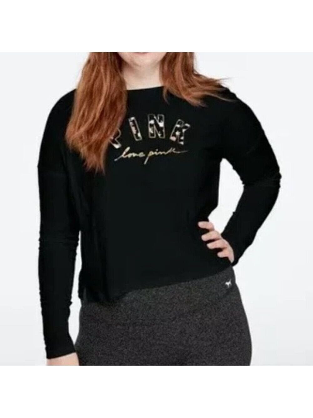 🐈Victoria's Secret PINK Floral Logo Crew Neck Semi-Crop Top XS